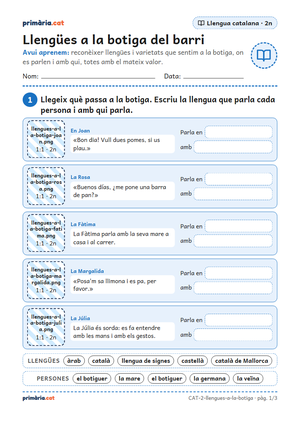 Primera pàgina de la fitxa «Llengües a la botiga del barri»
