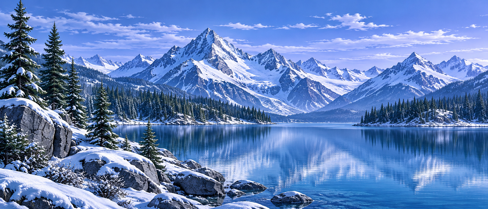 Un paisatge fred: muntanyes nevades i un llac blau