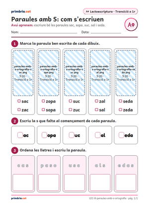 Primera pàgina de la fitxa «Paraules amb S: com s'escriuen»