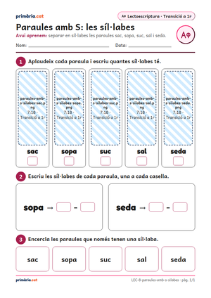 Primera pàgina de la fitxa «Paraules amb S: les síl·labes»