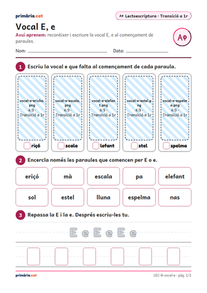Primera pàgina de la fitxa «Vocal E, e»