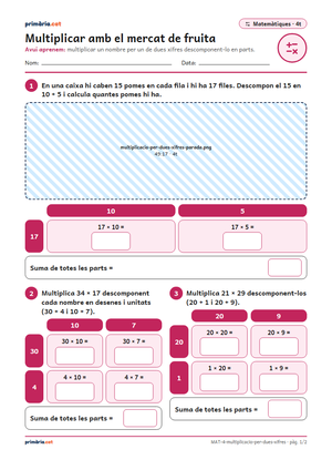Primera pàgina de la fitxa «Multiplicar amb el mercat de fruita»